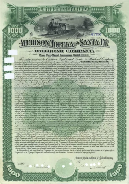 Atchison, Topeka and Santa Fe Railroad Co. - dated 1889 $1,000 Railway Gold Bond