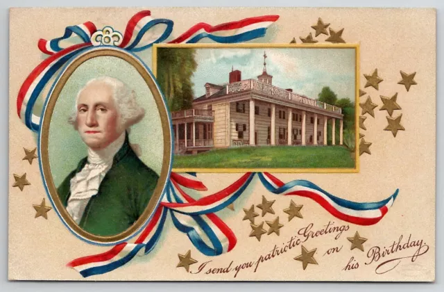 George Washington Birthday Greeting Patriotic Portrait Gold Stars Postcard X26