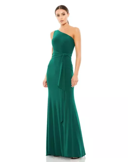 Mac Duggal Emerald Green Jersey One Shoulder Belted Trumpet Gown Sz 2 $298