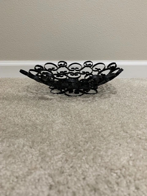 Vintage MCM Spanish Black Wrought Iron Scroll Metal Fruit Bowl Footed Basket