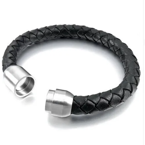 Mens genuine braided leather bracelet  brushed stainless steel magnetic clasp