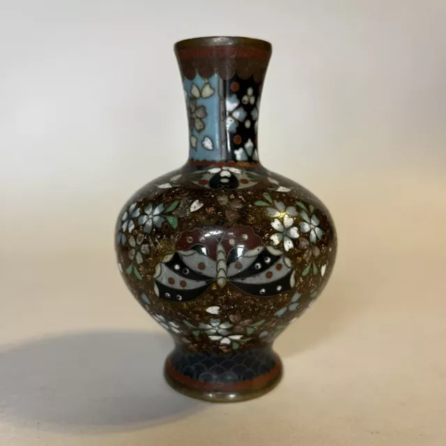 Antique Meiji Era Japanese Cloisonne 4" Mini Vase Goldstone Moths Flora 19th C