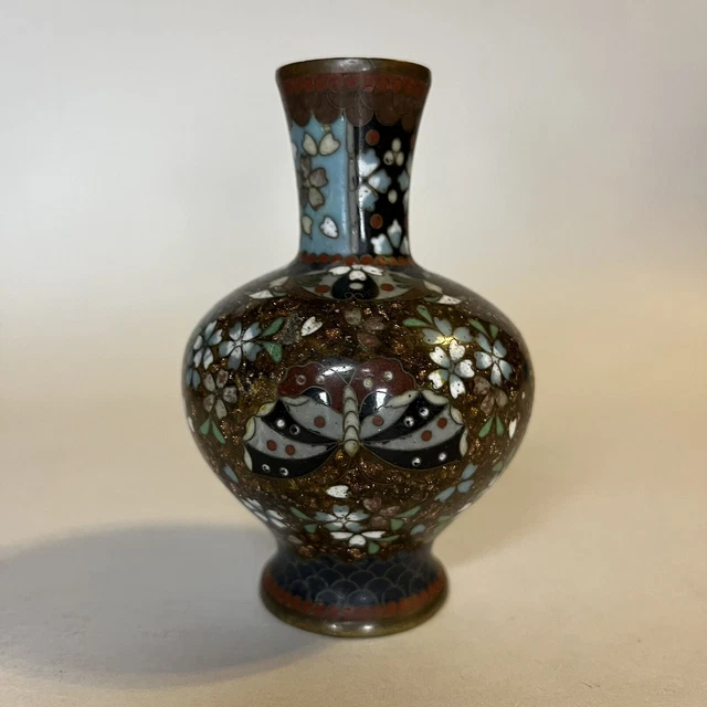 Antique Meiji Era Japanese Cloisonne 4" Mini Vase Goldstone Moths Flora 19th C Antique Meiji Era Japanese Cloisonne 4" Mini Vase Goldstone Moths Flora 19th C