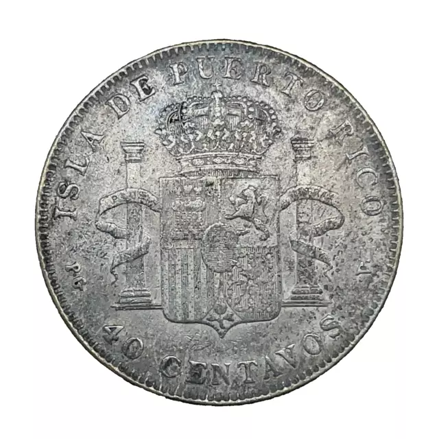 1896 PGV Puerto Rico  40 Centavos XF.  Silver Coin Alfonso XIII KM# 23 Scare 2