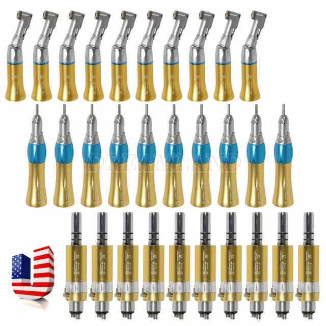 10 Dental Low Speed Straight Cone Handpiece/Contra Angle/4-Hole Air Motor Gold