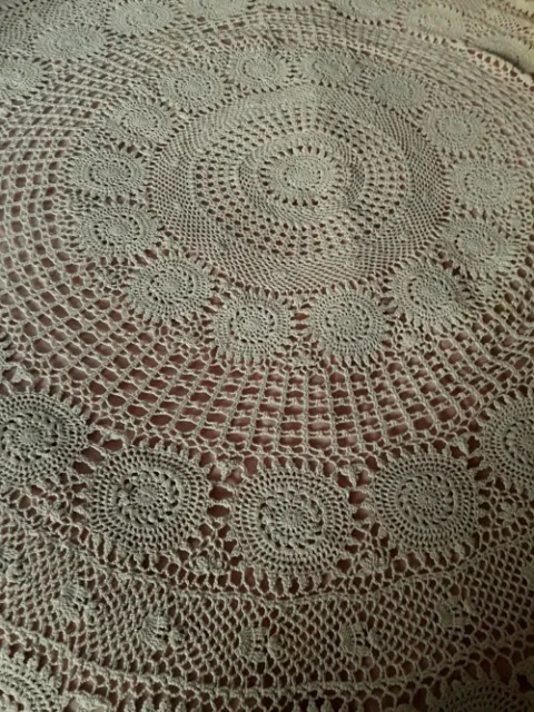 Beautiful Vintage Antique Crocheted Lace Throw Rustic Tablecloth Beige Cotton