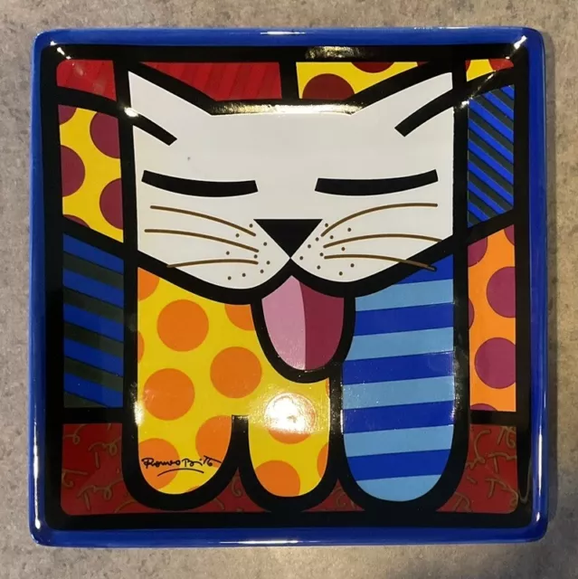 ROMERO BRITTO :: 8”x 8” SQUARE CAT PLATE “Cat” POP “HAPPY ART” 2008 CHINA