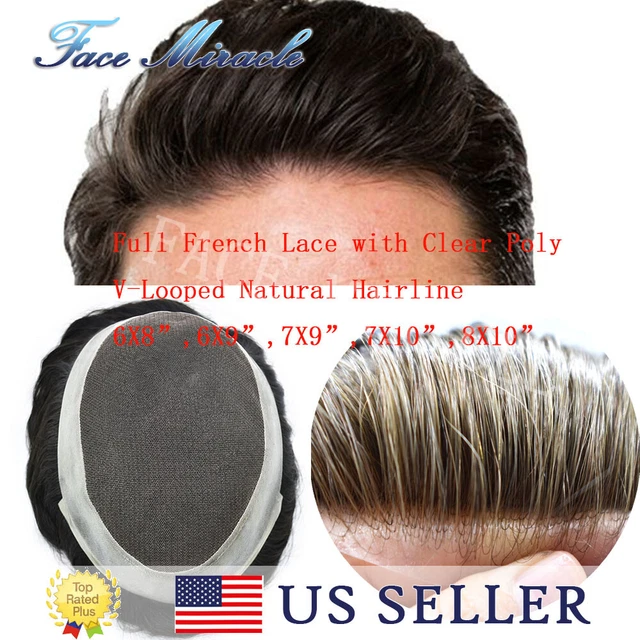 French Lace Center Mens Toupee Human Hair Replace System Skin PU V-Loop Man Wig