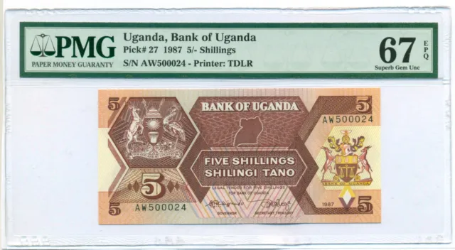 Uganda 1987 5 Shillings Bank Note Superb Gem Unc 67 EPQ PMG