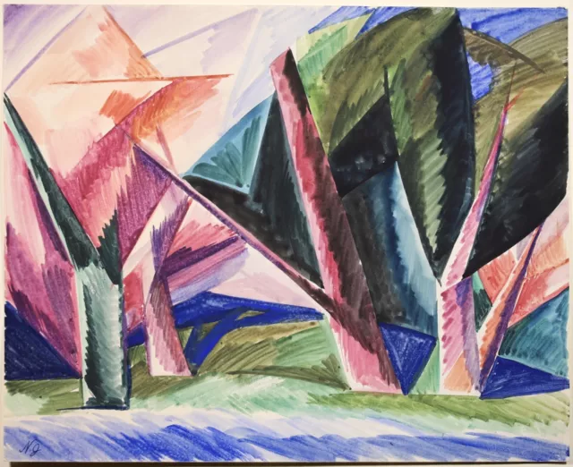 Natalia Goncharova (1881-1962) Large Signed Cubist Watercolour - Trees Forest