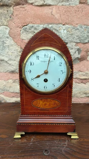 Perfect Antique Mahogany Edwardian Timepiece Mantel Clock Inlaid Decoration 1920