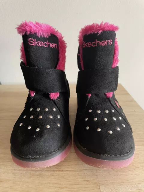 Girls SKECHERS Twinkle Toes Black faux fur lined boot size US 8 UK 7 EU24 Lights