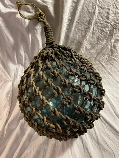 LARGE Antique Japanese Glass Netted Fishing Ball Float Signed nautical salvage