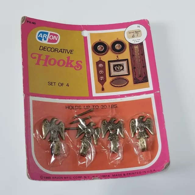 Decorative Metal Eagle Picture Hooks Arjon 1969 Unopened Set 4 Holds 20 Lbs