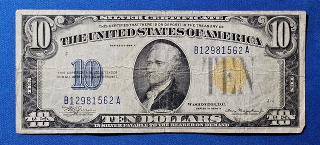 1934A Ten Dollar Silver Certificate North Africa Note Circulated $10 Bill