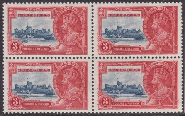 TRINIDAD & TOBAGO 1935 KGV SG240 3c SILVER JUBILEE BLOCK OF FOUR MNH