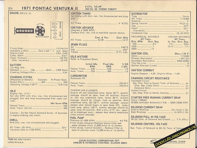 1971 PONTIAC VENTURA II 6 Cylinder 250 ci / 145 hp Car SUN ELECTRIC SPEC SHEET