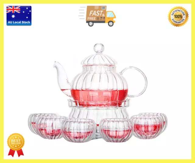 8 Piece Tea Set Glass Pumpkin Teapot 600ml + Pumpkin Warmer + 6 Pumpkin Tea Cups