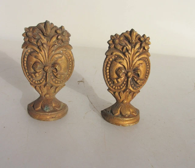 Victorian Brass Curtain Pole Rail Ends Antique Finials French Rococo Leaf Old