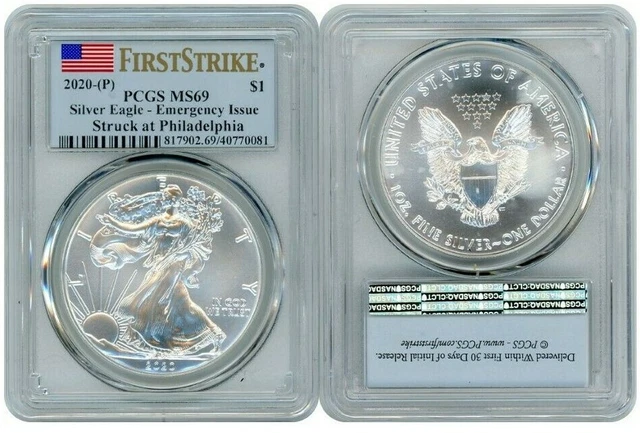 2020 P Silver Eagle $1 Emergency Pcgs Ms69 Firststrike Flag Milk Spots K8