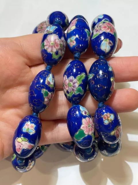 Chinesisch Export Blau Cloisonne Emaille Blume Oval Perlen Knoten Halskette DE10 3