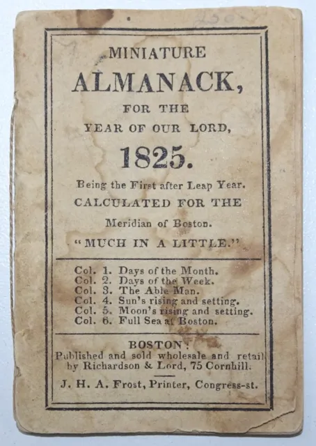 MINIATURE Almanack For The Year Of Our Lord Boston ALMANAC 1825