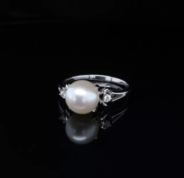 Vintage Cultured Pearl & Diamond 14k White Gold Ring size L Val $2160