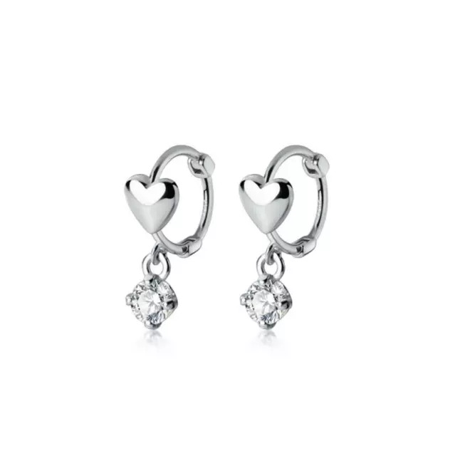 Tiny Heart 925 Sterling Silver CZ Dangle Drop 7.9mm Hoop Huggie Earrings A1192