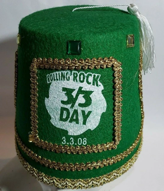 Rolling Rock Beer Green Fez Hat 3/3 Day 2008 Bejeweled Gold Brewerania March 3