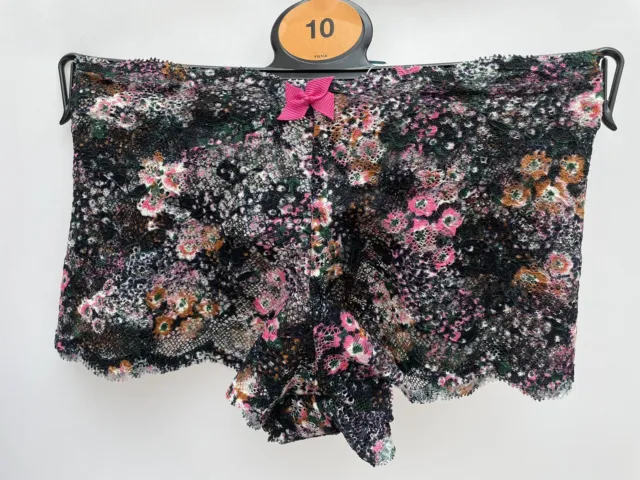 NEW M&S Lingerie Size 10 Black Pink Lace Low Rise Shorts Knickers EU38 Scalloped