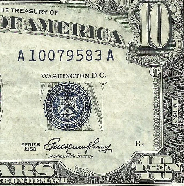 1953 $10 SILVER Certificate! (~VF~) Crispness! Old US Paper Money Currency!