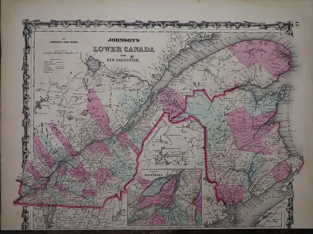 1862 Johnson's Atlas Map ~ QUEBEC, NEW BRUNSWICK ~(14x18)   Free S&H  -#857