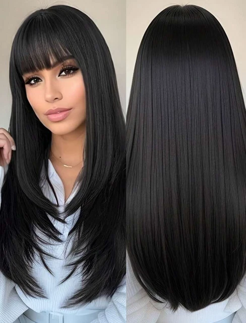 Perruque Synthétique Noire Longue Lisse Avec Frange - Neuf Sans étiquette, Bonnet Moyen +4