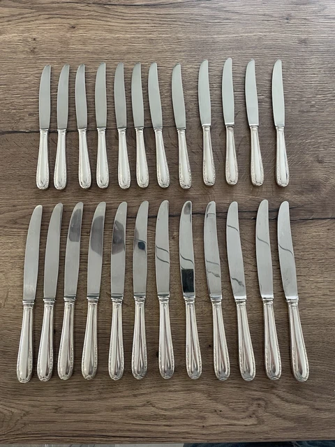 Lot De 12 Couteaux Anciens En Métal Argenté - 21 Cm - Couverts Rétro