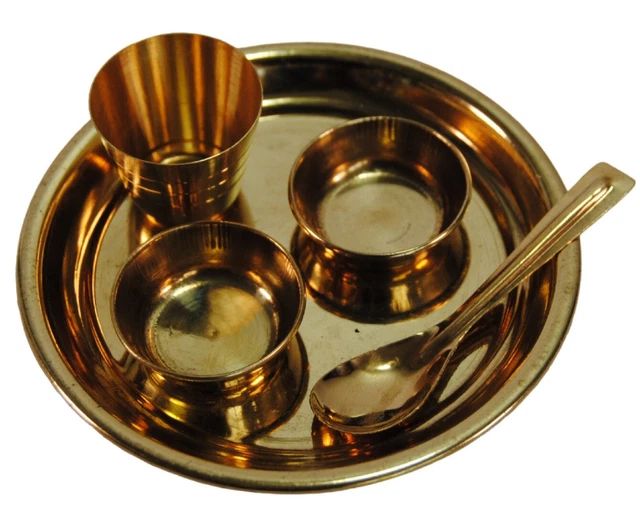 Bengalen Pure Brass Pooja Thali Set - 6 Inch Laddu Gopal Bhog Plate With Bowls & Spoon For Janmashtami