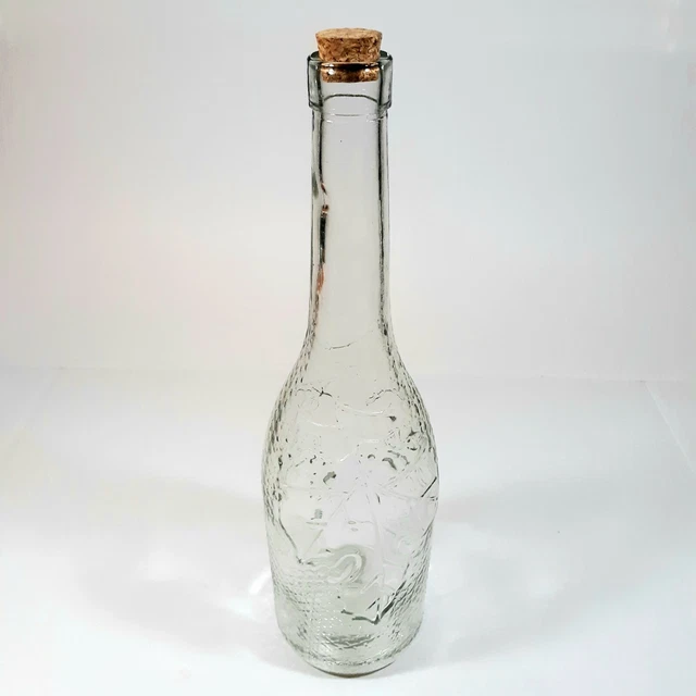 VTG Clear Glass 12" Wine Bottle Decanter Carafe Olive Oil Grape Leaf Vase w Cork