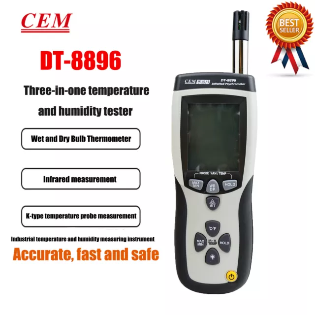 CEM DT-8896 Psychrometer with InfraRed Thermometer Triple Digital LCD Display✦KD