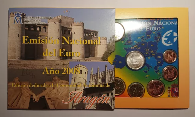 KMS Kursmünzensatz Spanien 2008 Aragon 1 Cent bis 2 Euro plus Silbermedaille