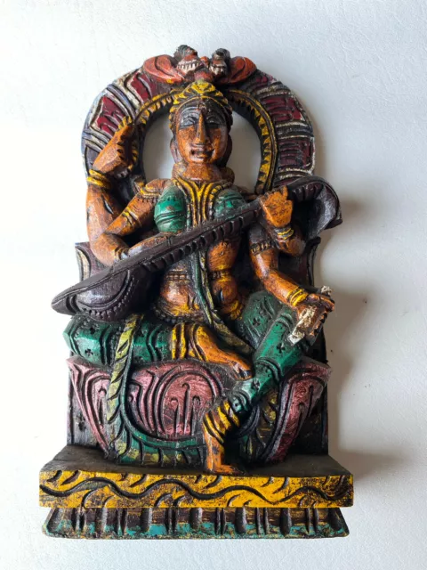 Antique Wooden Hand Carved Painted Indian Panel One Piece Vintage Goddess Music