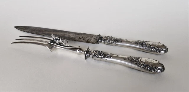 Service à Découper Ancien XIXème - Manche Argent Massif Minerve, Lame Acier Inoxydable - Longueur 30cm