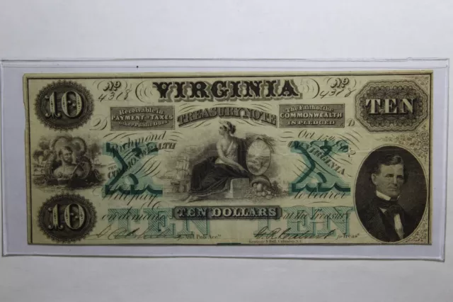 1862 Virginia Treasury Note Ten 10 Dollar Nice