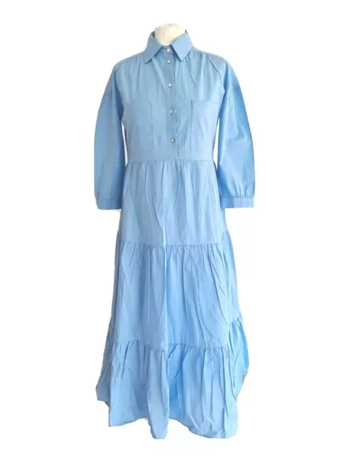 Nwt! Zara Womens Light Blue Cotton Maxi Midi Shirt Dress. Size Xs / Uk 6-8.