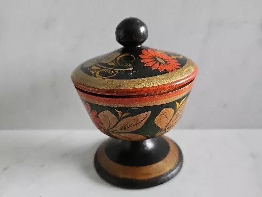 Russian Khokhloma Wooden Lidded Jar Pot Lacquer Hand Painted Folk Art Strawberry