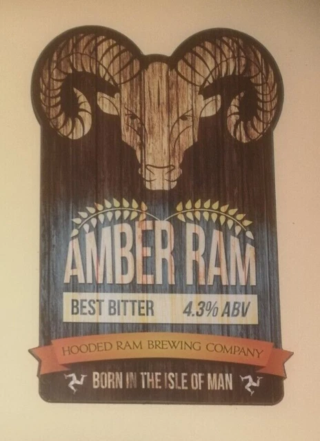 Beer pump clip badge HOODED RAM brewery AMBER RAM real ale CLOSED Isle of Man