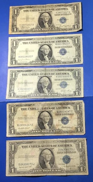 1935A-1935G $1 Blue SILVER Certificates Set of 5! Lower Grade! X1617 Currency!