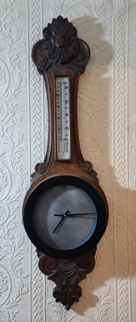 Victorian Carved Oak Barometer Converted To Clock