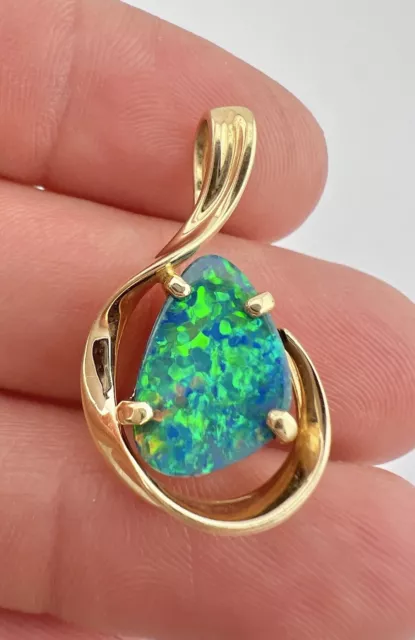 Designer 14k Yellow Gold Natural Australian Fire Boulder Opal Free Form Pendant