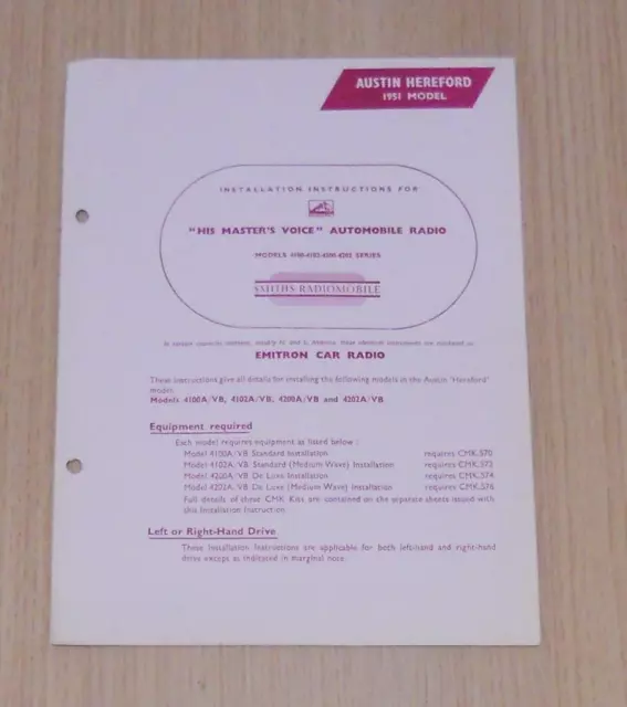 AUSTIN HEREFORD 1951 Model Fitting Instructions Illustrated Guide HMV RADIO