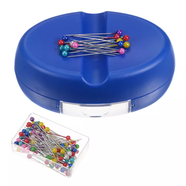 Magnetic Pin Cushion with 100pcs Plastic Head Pins, with Drawer, Navy Blue