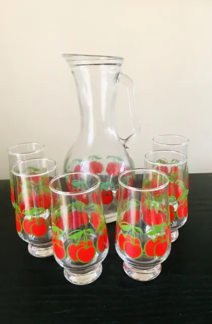 Water Jug and 6 Glasses Set - Cherries Cherry - Vintage - Italy 1960's - Unused